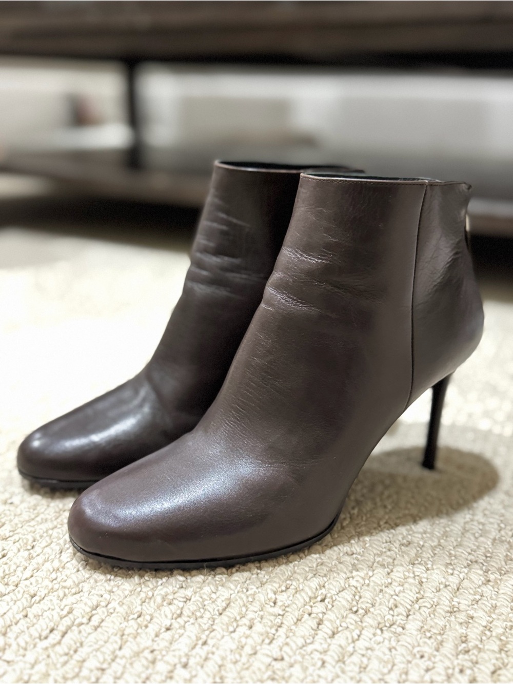 Prada Dark Brown Leather Ankle Booties with Stiletto Heel, Sz 38.5